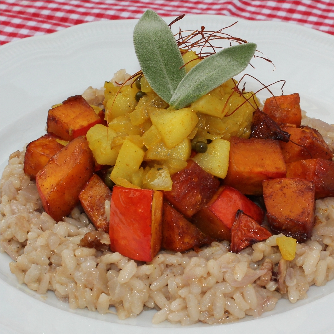 Karamellisierter Kürbis auf Walnuss-Risotto mit Birnen-Chutney ...